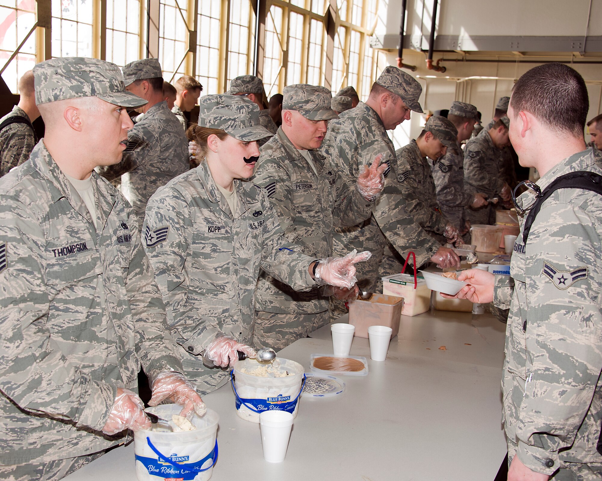 Gen. Mark A. Welsh III, Chief of Staff of the U.S. Air Force, put out the Mustache March Challenge and the 364TH Training Squadron answered. The 364TH TRS held an ice cream social and approximately 530 Airmen (Active, Guard, Reserve, Civilian and Contractor) joined in the festivities celebrating the Air Force Heritage and having a little fun at the same time on Mar. 27, 2014 at Sheppard Air Force Base, Texas. Many of them grew mustaches or got into the spirit by donning fake mustaches. Prizes were awarded to the four categories of best permanent party mustache, best AIT mustache, nice try “cheesiest” and best “non- mustache.” (U.S. Air Force photo/Danny Webb) 