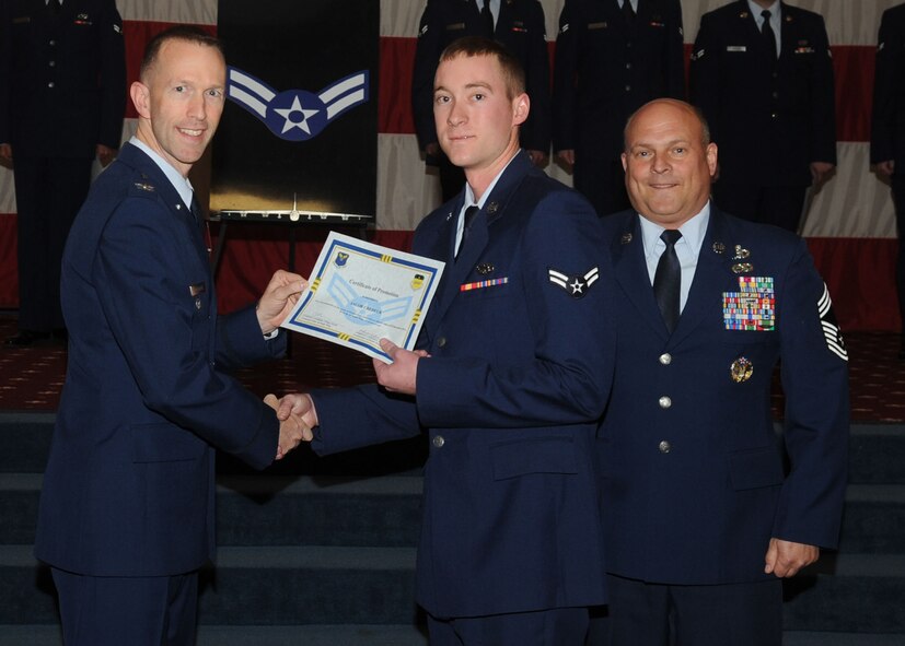 Airman 1st Class Jacob Credeur, 2nd Maintenance Squadron, receives a certificate of promotion from Col. Leland Bohannon, 2nd Bomb Wing vice commander, and Chief Master Sgt. Stephen Lebrun, 2nd Operations Group, during the January Wing Promotion Ceremony on Barksdale Air Force Base, La., Jan. 31, 2014. (U.S. Air Force photo)