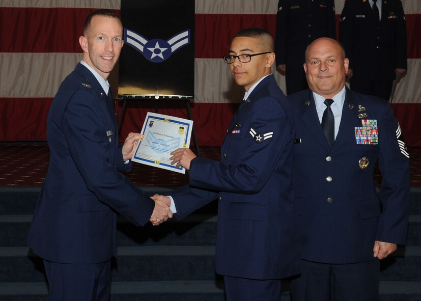 Airman 1st Class Anthony Sutterlin, 2nd Aircraft Maintenance Squadron, receives a certificate of promotion from Col. Leland Bohannon, 2nd Bomb Wing vice commander, and Chief Master Sgt. Stephen Lebrun, 2nd Operations Group, during the January Wing Promotion Ceremony on Barksdale Air Force Base, La., Jan. 31, 2014. (U.S. Air Force photo)