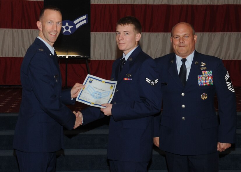 Airman 1st Class Cody Adams, 2nd Aircraft Maintenance Squadron, receives a certificate of promotion from Col. Leland Bohannon, 2nd Bomb Wing vice commander, and Chief Master Sgt. Stephen Lebrun, 2nd Operations Group, during the January Wing Promotion Ceremony on Barksdale Air Force Base, La., Jan. 31, 2014. (U.S. Air Force photo)
