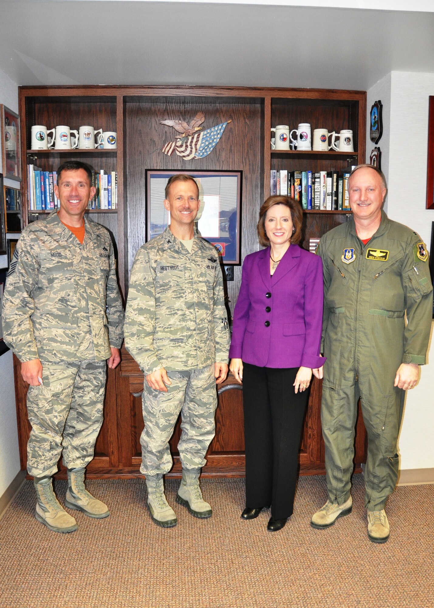 Congresswoman Vicki Hartzler met with 442d FW Command Chief Master Sergeant James Nudd, 442d FW Commander Colonel Hubie Hegtvedt and 442d FW Vice Wing Commander Col. Greg Eckfeld Friday. (U.S. Air Force photo by 1st Lt Jeff Kelly)