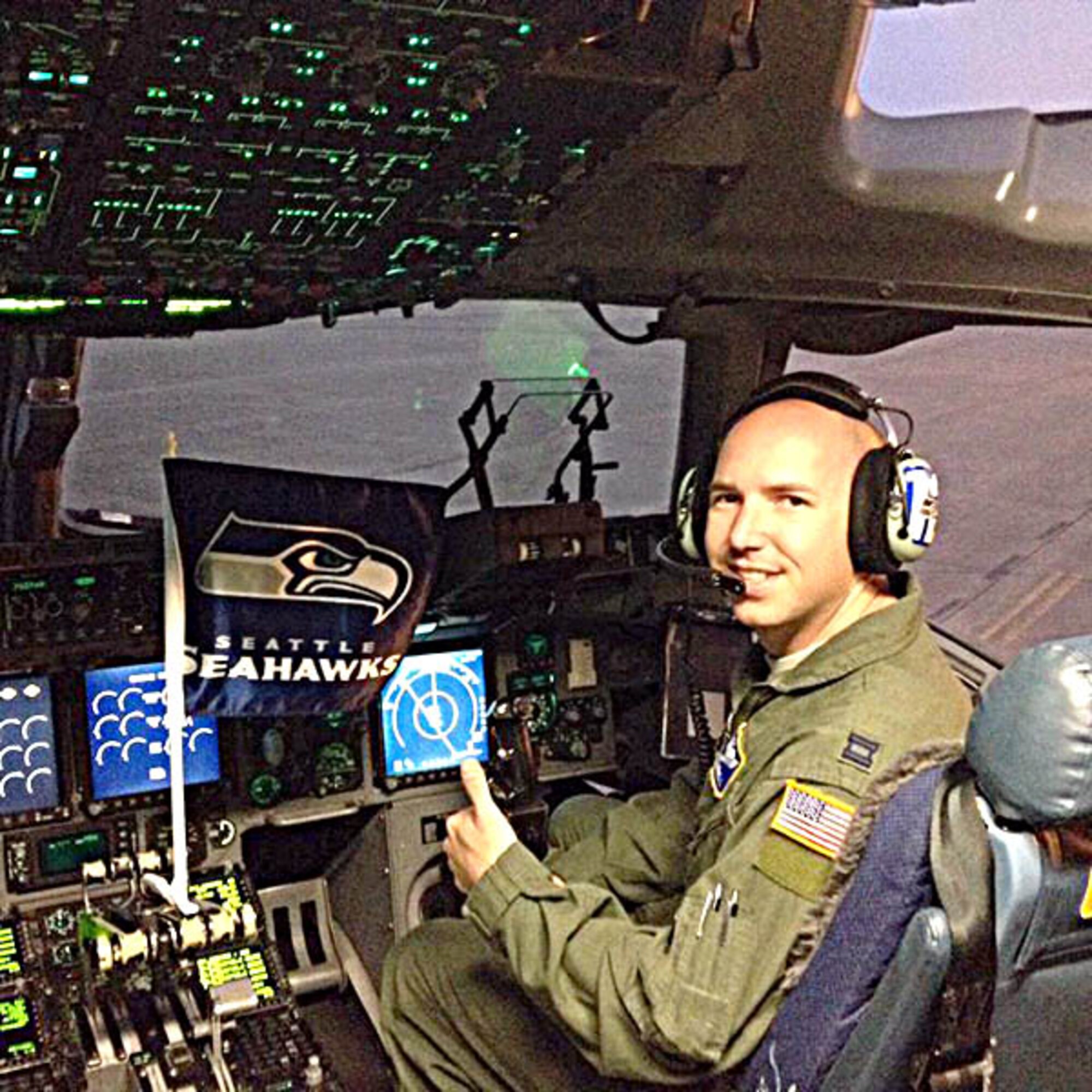 Capt. Colby Harrell, 97th Airlift Squadron, shows support of the Seattle Seahawks in the C-17.  (Courtesy photo)