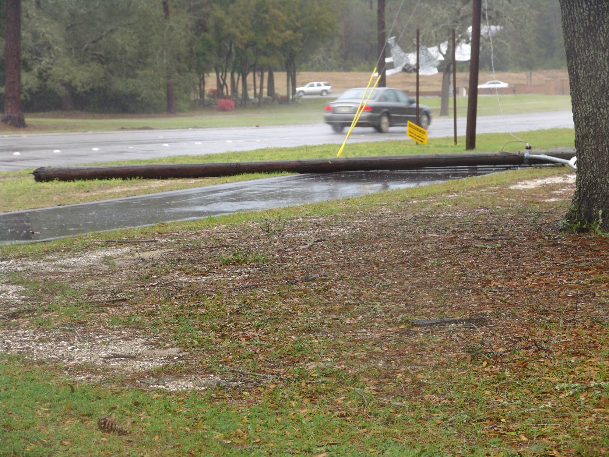 Power poles and trees were knocked over on Eglin Air Force Base when a line of severe thunderstorms pass through the area March 28.  Wind gusts topped 58 knots and more than 1 1/2 inches of rain were recorded by the 96th Weather Flight. (U.S. Air Force photo/Lois Walsh)