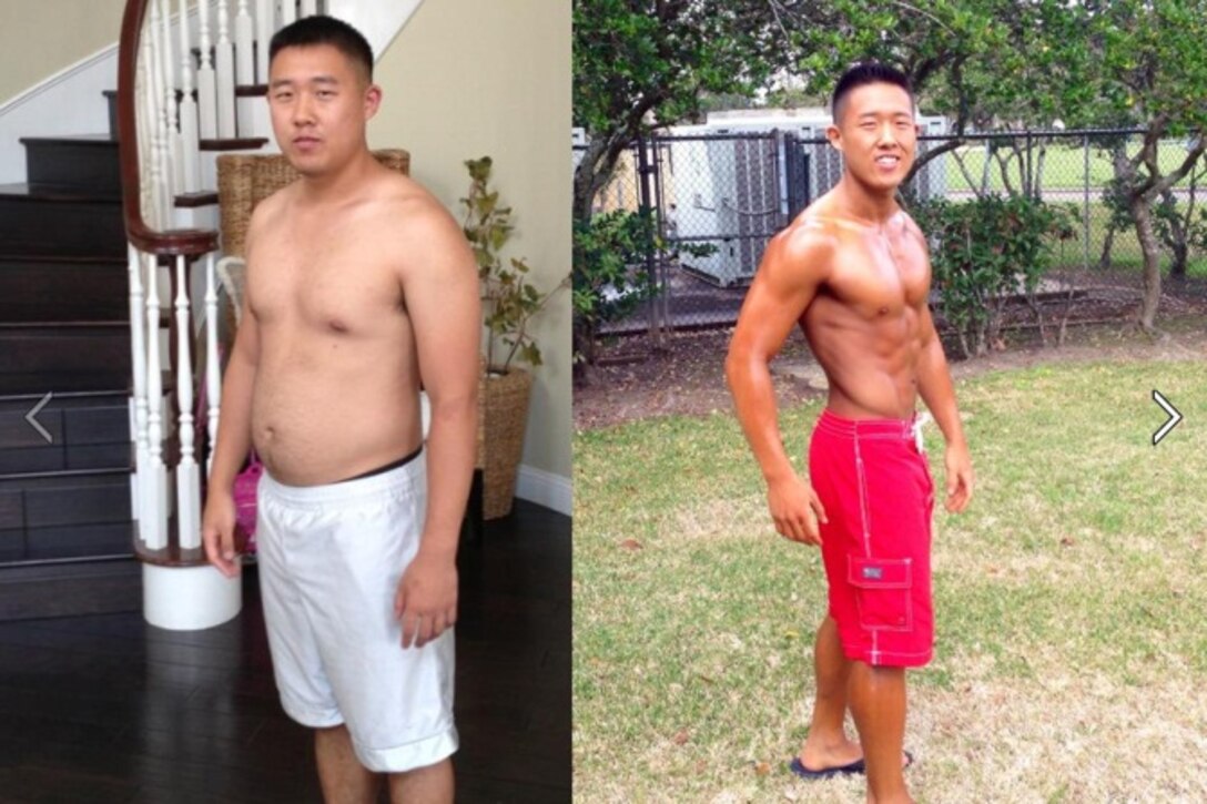 Airman 1st Class Samuel Hahn poses for a photo in September 2014, left, and in March 2014, right, at Laughlin Air Force Base, Texas. After failing a physical training test in September, Hahn significantly changed his diet, sleeping schedule and workout routine, eventually competing and placing second in Musclemania All Forces Men’s Physique category. (Courtesy photo)