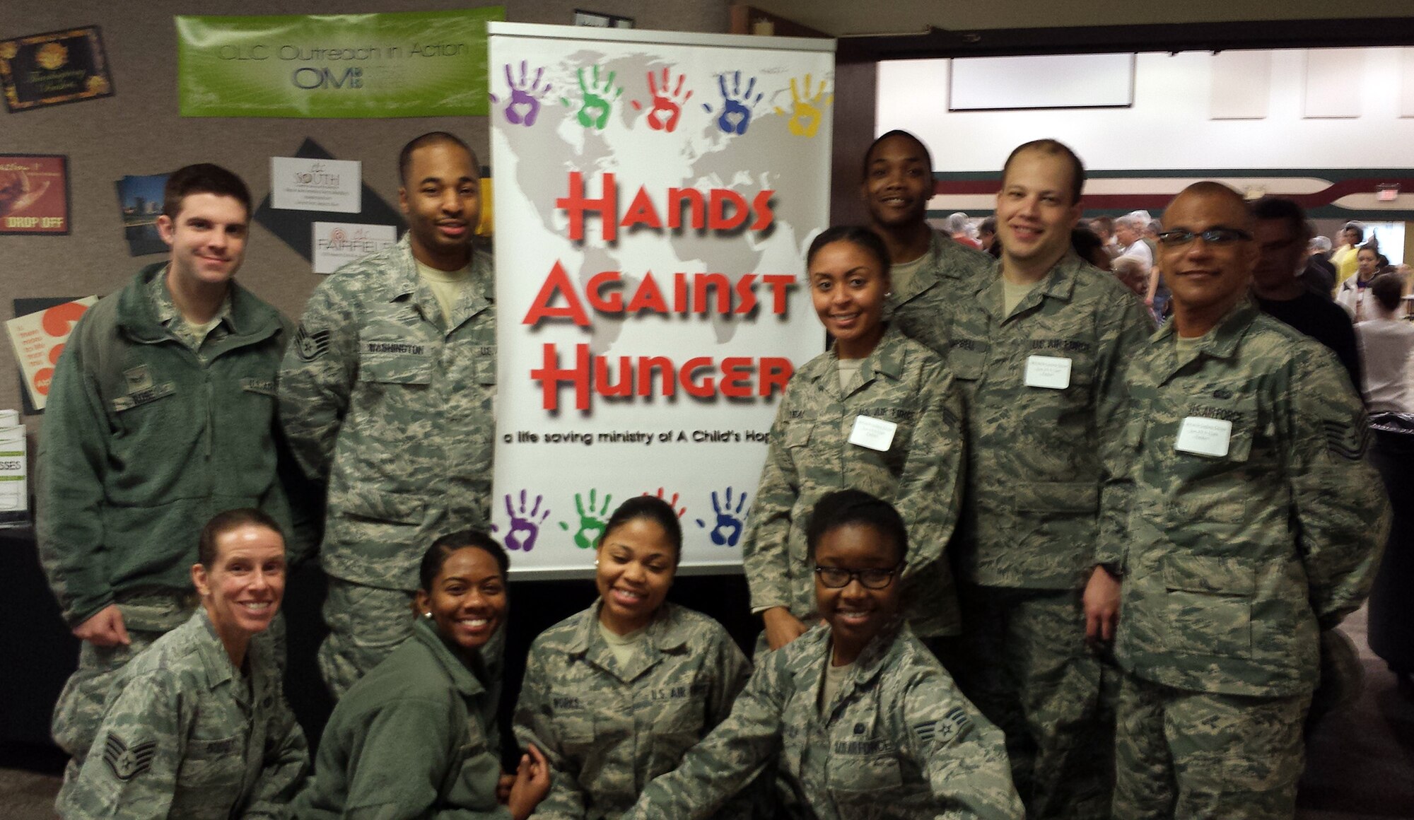 WRIGHT-PATTERSON AIR FORCE BASE, Ohio – Ten 445th Force Support Squadron Services Flight reservists assembled 1,200 rice meal packets March 9 at the Christian Life Center, Dayton, Ohio, as part of the Hands Against Hunger volunteer event. Over a four-day period, volunteers from the local area assembled 600,000 meal packets for distribution. The items will be shipped to Zambia and Swaziland for distribution to orphaned children. Hands Against Hunger is a family friendly program of A Child’s Hope International based in Cincinnati, Ohio. (Courtesy photo)