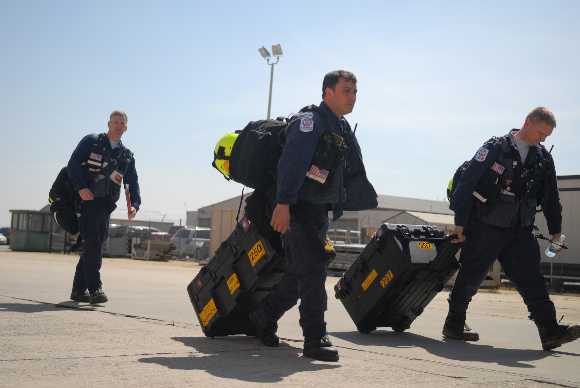 Urban search-and-rescue teams from the U.S. Agency for International Development's Office of U.S. Foreign Disaster Assistance stopped at Robins before moving to the Guardian Centers in Perry, Ga., to perform a weeklong humanitarian assistance exercise. (U.S. Air Force photo by Misuzu Allen)