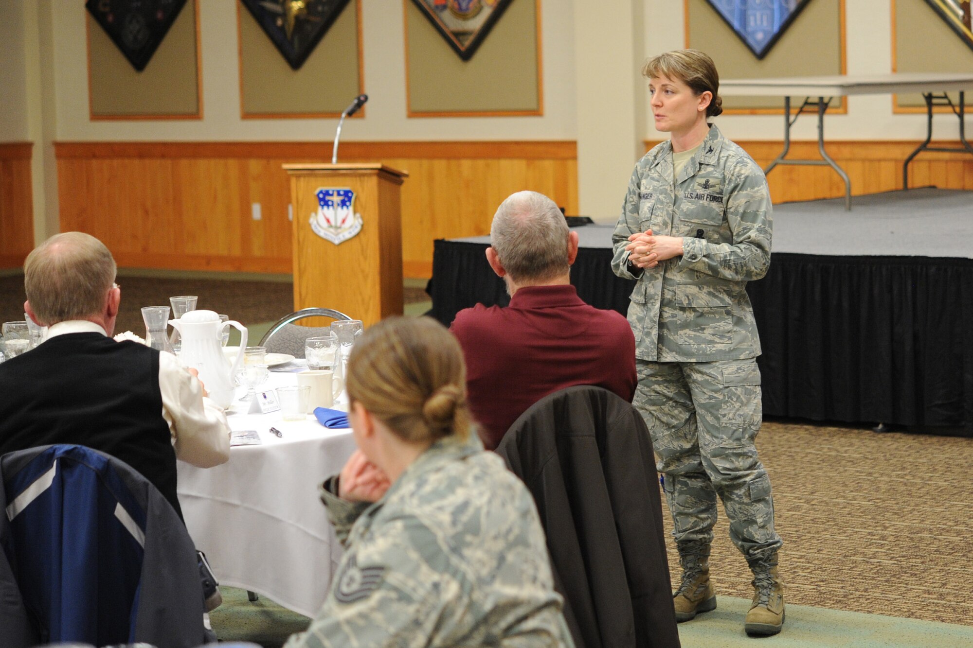 Col. Marné Deranger, 341st Missile Wing vice commander, speaks at the Grizzly Bend on March 24 during a breakfast kicking off the Air Force Assistance Fund. Deranger was speaking on behalf of the Wing, encouraging all who are able to give. (U.S. Air Force photo/Airman 1st Class Joshua Smoot)