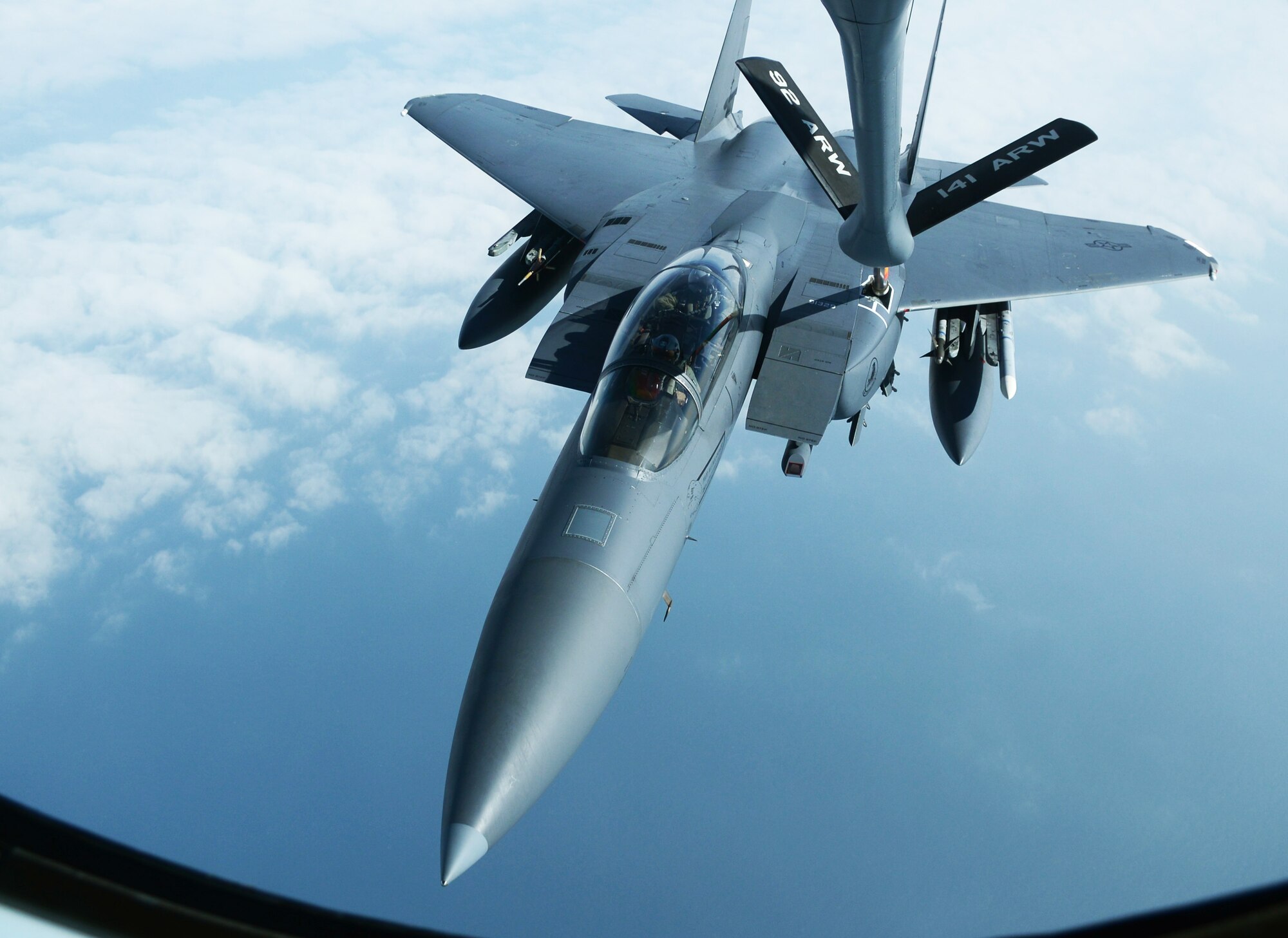 An F-15E Strike Eagle from RAF Lakenheath, England, takes on fuel from a KC-135 Stratotanker from RAF Mildenhall March 28, 2014, during exercise Tonnerre Lightning. The exercise was a combined endeavor between U.S., British and French air force members to train for real world operations. RAF Mildenhall regularly trains with allied armed forces to help strengthen partnerships and standardize training. (U.S. Air Force photo by Airman 1st Class Dillon Johnston/Released)
