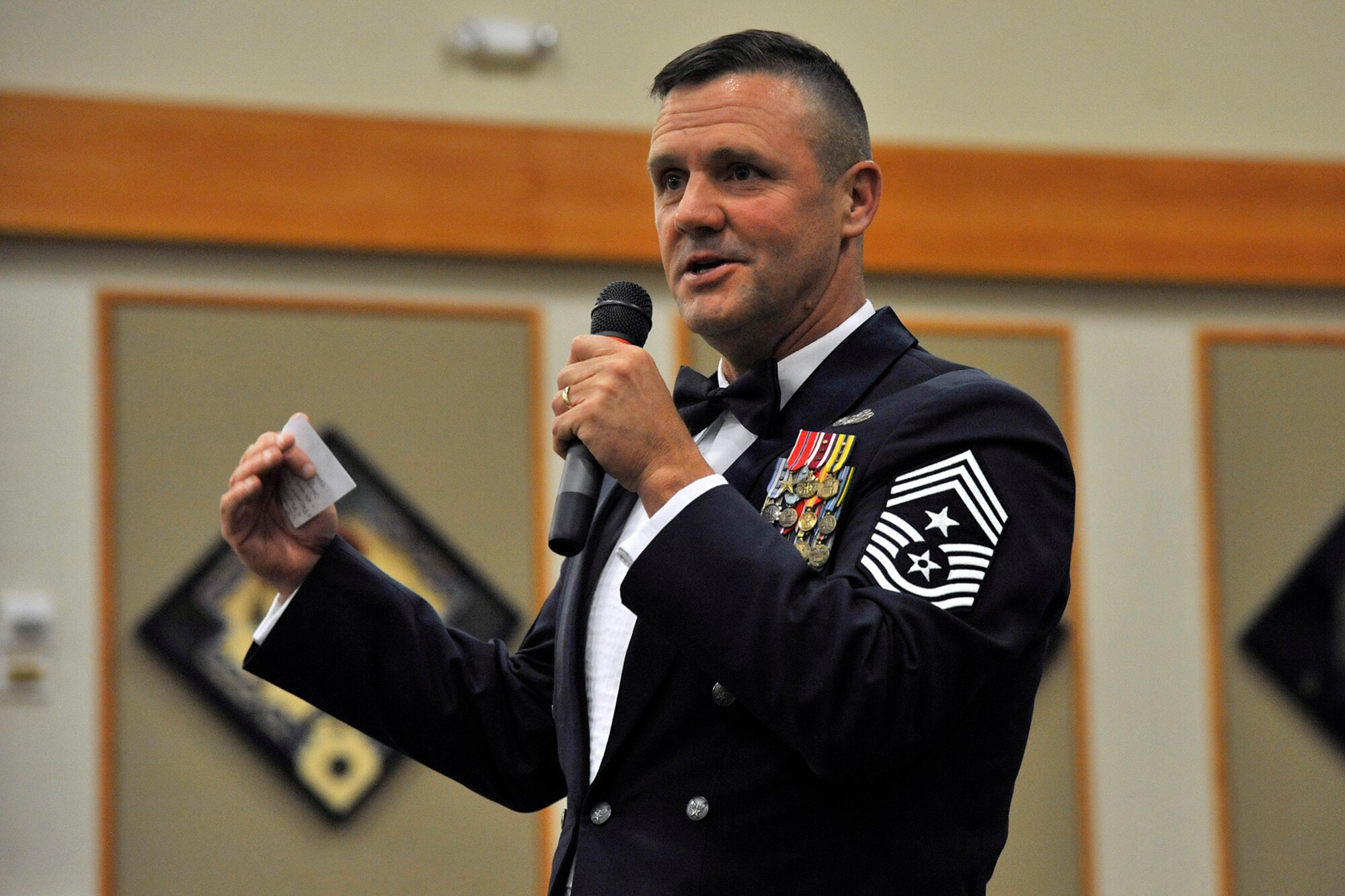 Chief Master Sgt. Oscar Mackin, Air Force Personnel Center command chief, speaks to the newest chief master sergeant selects at the Chief’s Recognition Banquet on March 21 at the Grizzly Bend. The ceremony was held to recognize them for their selection to the top enlisted rank. (U.S. Air Force photo/John Turner)