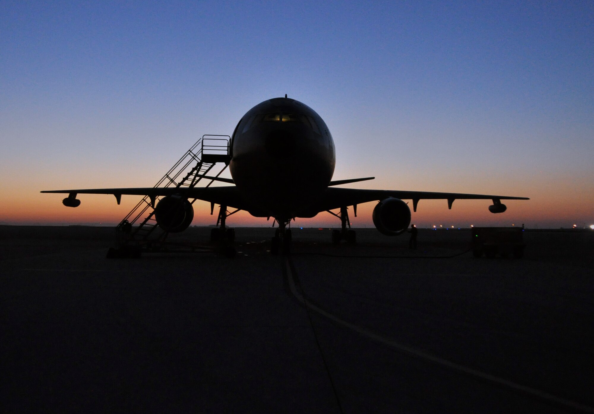A KC-10 Extender undergoes preflight checks Monday on the Travis flightline prior to take off to participate in the advanced combat operations training. (U.S. Air Force photo/Senior Airman Madelyn Brown)