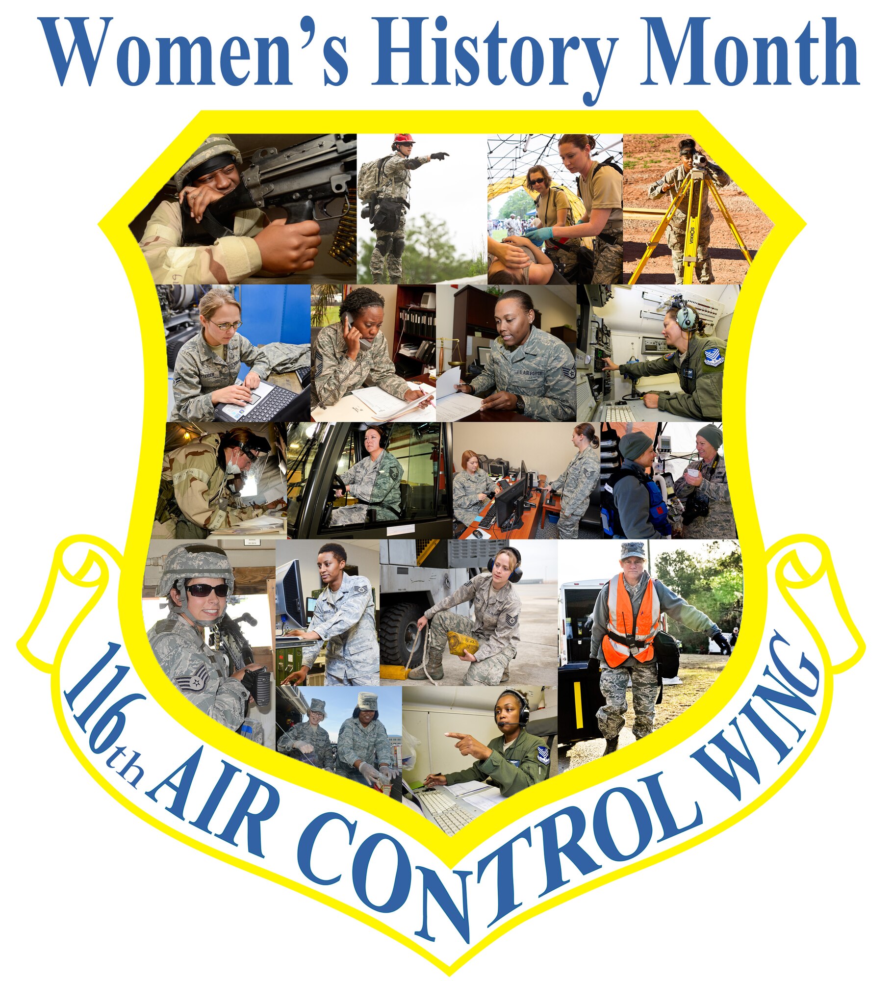 The 116th Air Control Wing (ACW), Georgia Air National Guard, celebrates Women's History Month with a collage of photos showing female Airmen in action, Robins Air Force Base, Ga., March 28, 2014. The photo collage represents a portion of the women that contribute to every group responsible for the mission success of the 116th ACW. (U.S. Air National Guard photo illustration by Master Sgt. Roger Parsons/Released)(This image was created by combining a graphic image with photos to create a collage)