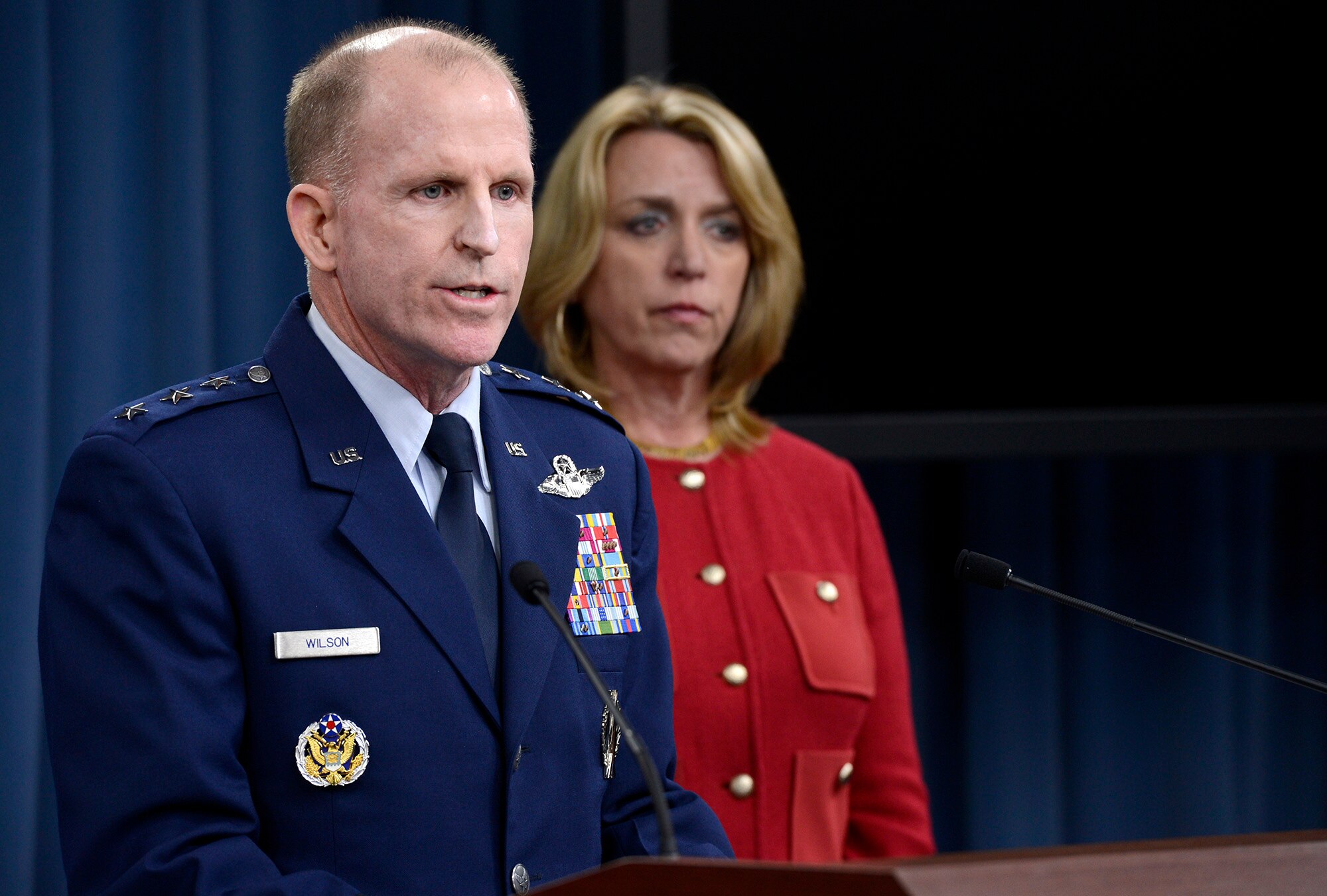 Lt. Gen. Stephen Wilson and Secretary of the Air Force Deborah Lee James provide updates on the Malmstrom Air Force Base, Mont., test compromise investigation findings to the Pentagon Press Corps March 27, 2014, in Washington, D.C. Air Force leaders discussed personnel accountability and the action plan to improve the nuclear enterprise. Wilson is the Global Strike Command commander. (U.S. Air Force photo/Scott M. Ash) 
