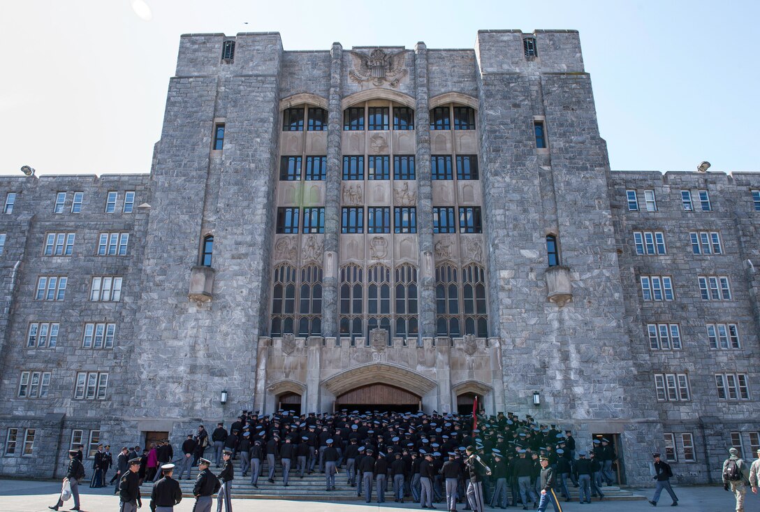 Cadets line up at for lunch at the dining facility in Washington Hall at the U.S. Military Academy at West Point, N.Y., March 27, 2014.