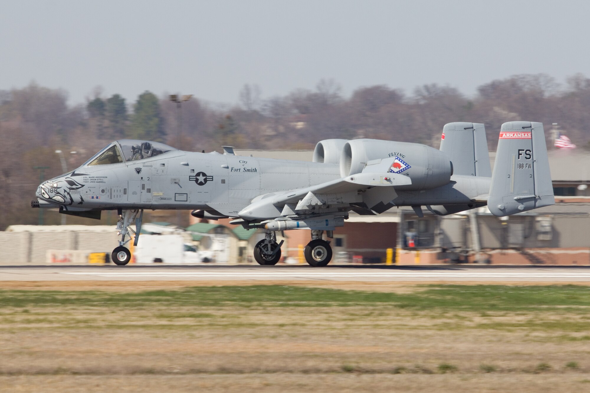 Maj. Doug Davis, a pilot with the 188th Fighter Wing, returns to Ebbing Air National Guard Base, Fort Smith, Ark., following training at the 188th’s Detachment 1 Razorback Range March 25, 2014. The sortie marked his fini flight in the A-10C Thunderbolt II “Warthog.” Davis is the 188th Detachment 1 commander. (Courtesy photo by Nick Thomas)
