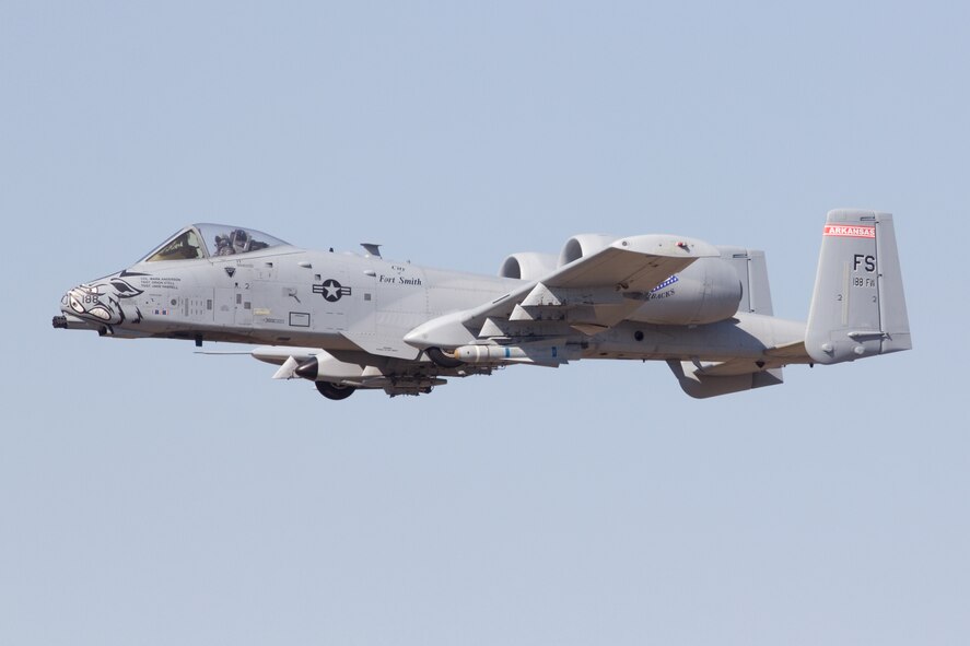 Maj. Doug Davis, a pilot with the 188th Fighter Wing, trains at the 188th’s Detachment 1 Razorback Range March 25, 2014, during his fini flight in the A-10C Thunderbolt II “Warthog.” Davis is the 188th Detachment 1 commander. (Courtesy photo by Nick Thomas)