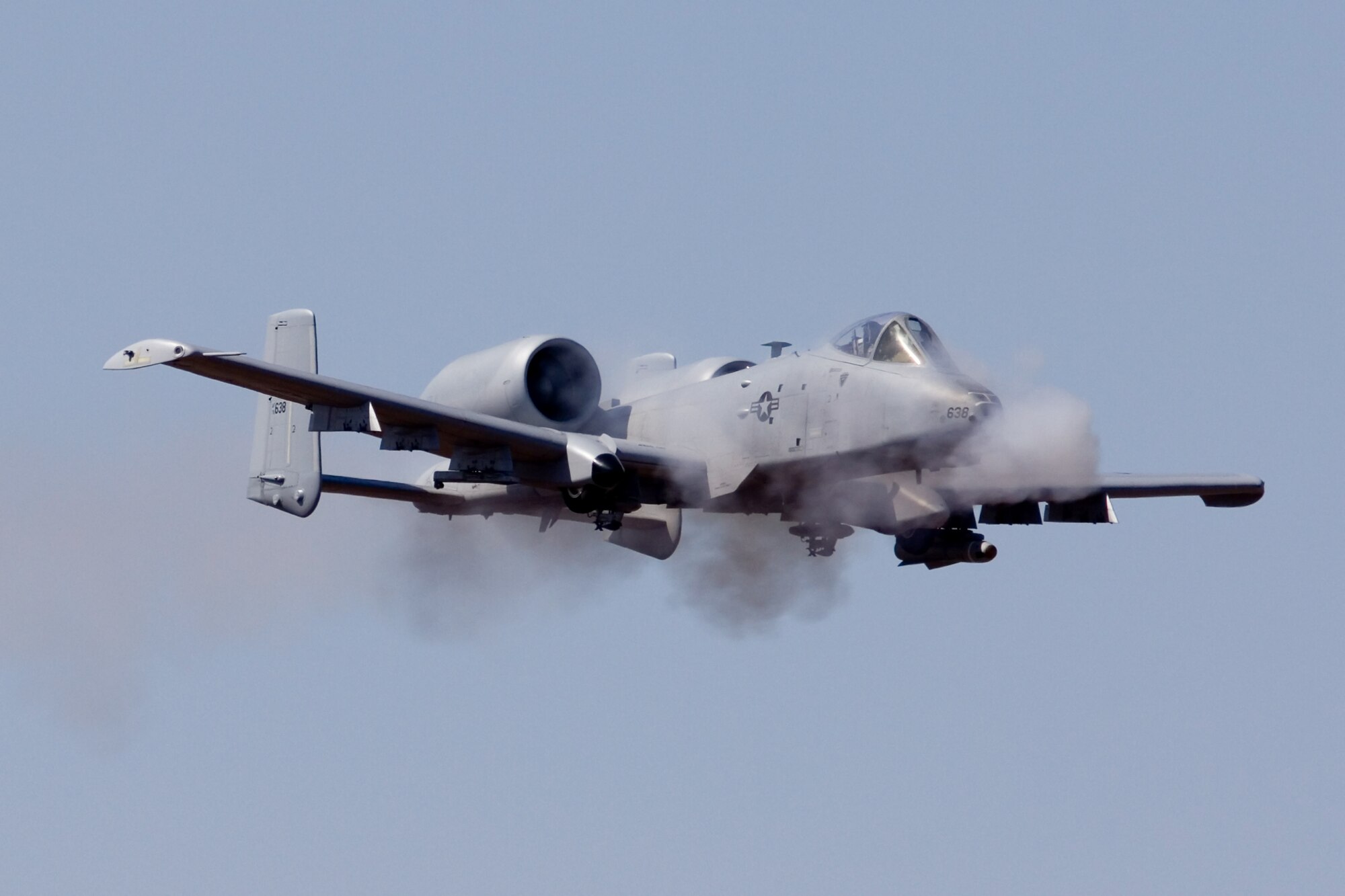 Lt. Col. Marty Dahlem, a pilot with the 184th Fighter Squadron, trains at the 188th Fighter Wing’s Detachment 1 Razorback Range March 25, 2014, during his fini flight in the A-10C Thunderbolt II “Warthog.” Dahlem is the 188th Operations Support Squadron commander. (Courtesy photo by Nick Thomas)