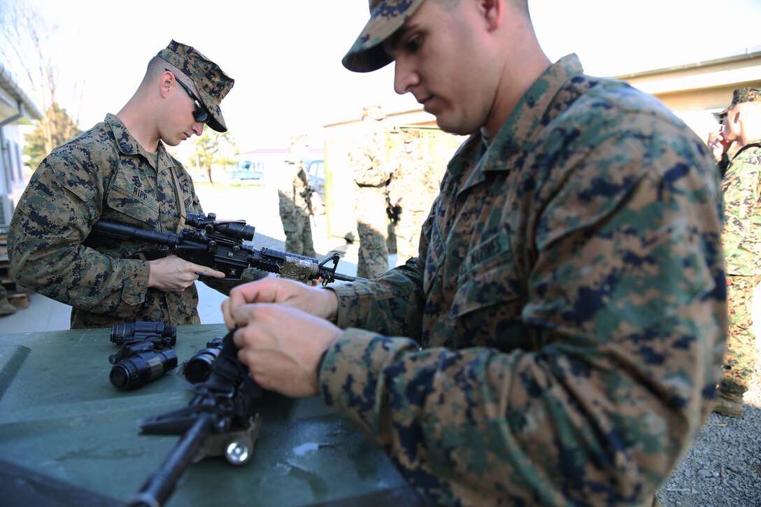 Corporal Christopher Hipp and Corporal Anthony Borenstein, mortarmen, Weapons Company, 3rd Battalion, 8th Marines, assigned to Black Sea Rotational Force, check their M-4 weapon systems during a contingency response drill on Mihail Kogalniceanu, Romania.  Contingency response drills are designed to train Marines to be ready at a moment’s notice.  Black Sea Rotational Force 14 is a task force of Marines and sailors with the mission to sustain positive relationships with partner nations uphold regional stability and increase military operational capabilities while also proving the ability for rapid crisis response in the Black Sea, Balkan and Caucasus regions of Eastern Europe. (Official Marine Corps photo by Staff Sgt. Tanner M. Iskra, 2nd Marine Division Combat Camera, Black Sea Rotational Force/Released)