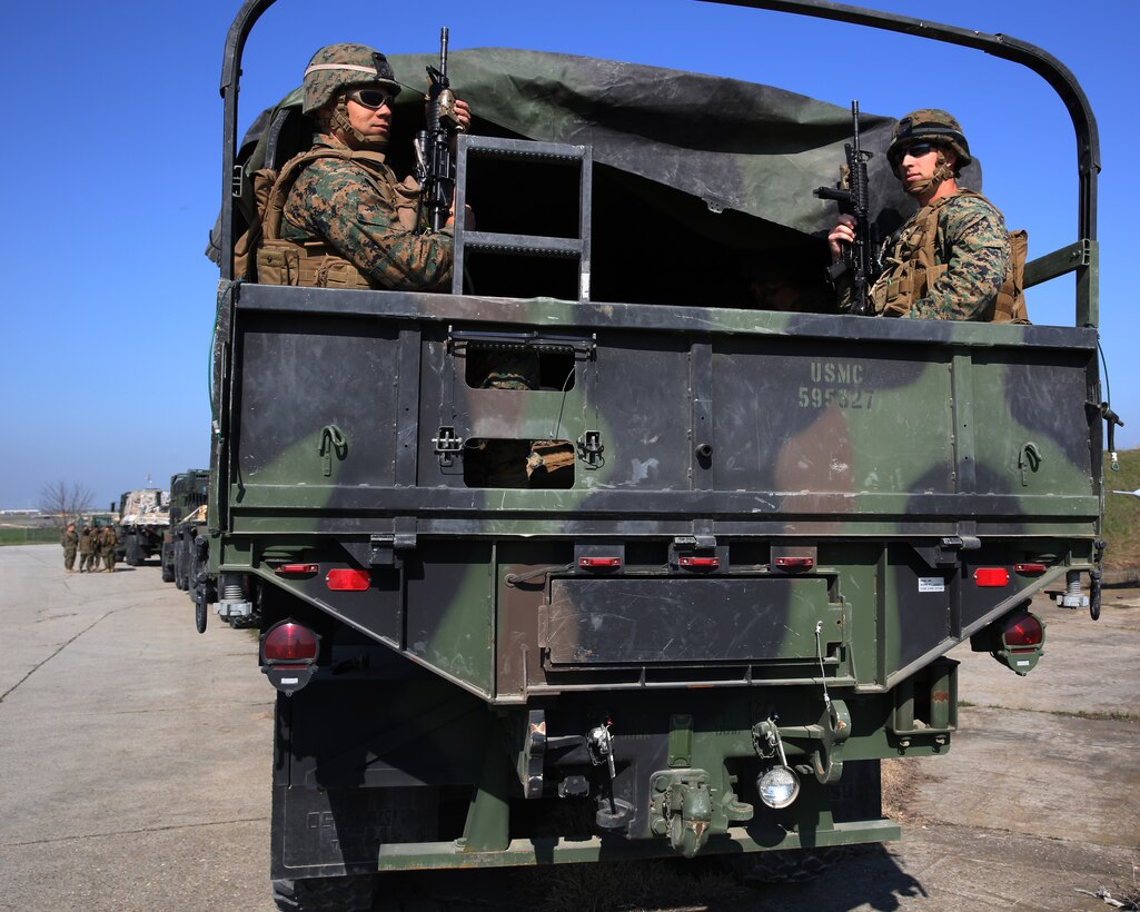 Sergeants John Sommer and Timothy Carkhuff, mortarmen, Weapons Company, 3rd Battalion, 8th Marines, assigned to Black Sea Rotational Force, wait to be offloaded at an embarkation point during a contingency response drill.  Contingency response drills are designed to train Marines to be ready at a moment’s notice.  Black Sea Rotational Force 14 is a task force of Marines and sailors with the mission to sustain positive relationships with partner nations uphold regional stability and increase military operational capabilities while also proving the ability for rapid crisis response in the Black Sea, Balkan and Caucasus regions of Eastern Europe. (Official Marine Corps photo by Staff Sgt. Tanner M. Iskra, 2nd Marine Division Combat Camera, Black Sea Rotational Force/Released)