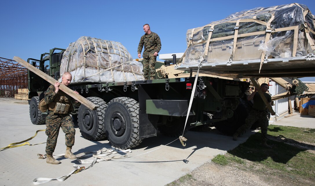 (From left to right) Lance Corporal Nathan Schulz, Sergeant Robert Reed and Sergeant Shaun Finch, Logistics Combat Element, 3rd Battalion, 8th Marines ready a palette to be offloaded on a 7-ton truck with a military millennium vehicle during a contingency response drill.  Contingency response drills are designed to train Marines to be ready at a moment’s notice.  Black Sea Rotational Force 14 is a task force of Marines and sailors with the mission to sustain positive relationships with partner nations uphold regional stability and increase military operational capabilities while also proving the ability for rapid crisis response in the Black Sea, Balkan and Caucasus regions of Eastern Europe. (Official Marine Corps photo by Staff Sgt. Tanner M. Iskra, 2nd Marine Division Combat Camera, Black Sea Rotational Force/Released)