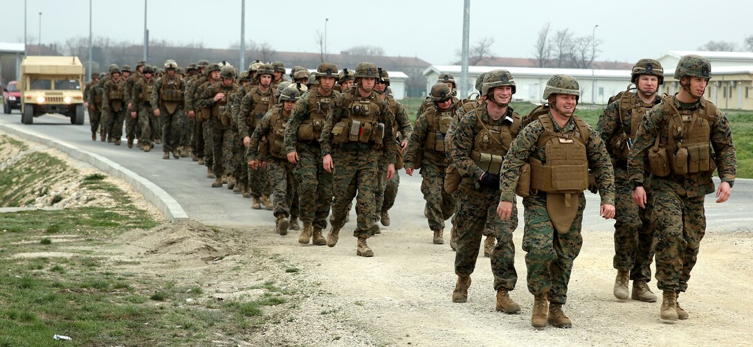 Marines and sailors with Weapons Company, 3rd Battalion, 8th Marine Regiment, 2nd Marine Division assigned to Black Sea Rotational Force 14 hike around the perimeter of Mihail Kogalniceanu Air Base, Romania March 28, 2014. The Marines and sailors executed a sustainment hike to maintain physical fitness and to prepare for future hikes throughout the deployment. Black Sea Rotational Force 14 is a contingent of Marines and sailors tasked with maintaining positive relations with partner nations, regional stability and increasing interoperability while providing the capability for rapid crisis response, as directed by U.S. European Command, in the Black Sea, Balkan and Caucasus regions of Eastern Europe. (Official Marine Corps photo by Lance Cpl. Scott W. Whiting, BSRF PAO/ Released)
