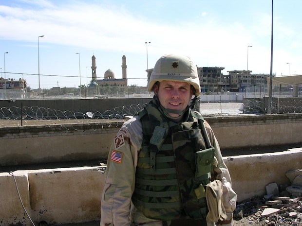 Then Maj. William Burruss in Iraq. After a 25-year career in the Army, Lt. Col. Burruss, Huntsville Center deputy commander, will retire from service. 