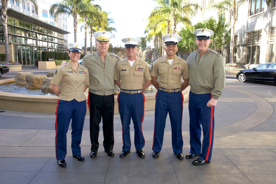 The 35th commandant of the Marine Corps, General James F. Amos, and the 17th sergeant major of the Marine Corps, Sgt. Maj. Micheal P. Barrett, meet with Marines from the Marine Corps Recruiting District San Francisco, outside the Four Seasons Hotel Silicon Valley in East Palo Alto, CA, on March 17, 2014. (U.S. Marine Corps photo by Sgt. Mallory S. VanderSchans)(RELEASED)
