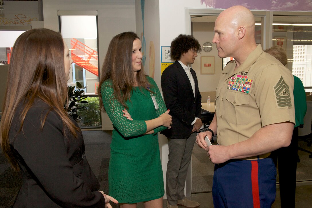 The 17th sergeant major of the Marine Corps, Sgt. Maj. Micheal P. Barrett, meets with employees and tours Facebook in Menlo Park, CA, on March 17, 2014. (U.S. Marine Corps photo by Sgt. Mallory S. VanderSchans)(RELEASED)

