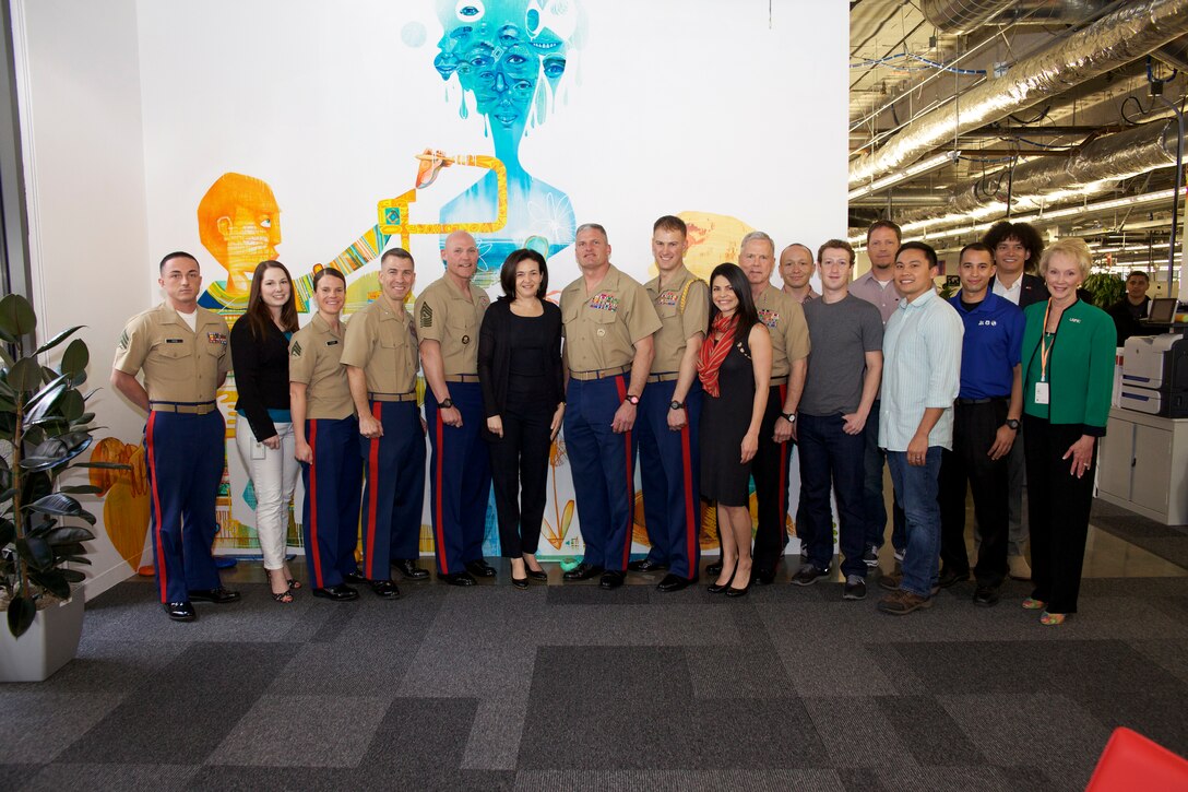 The 35th commandant of the Marine Corps, General James F. Amos, and the 17th Sergeant Major of the Marine Corps, Sgt. Maj. Micheal P. Barrett, meet with employees and tour Facebook in Menlo Park, CA, on March 17, 2014. (U.S. Marine Corps photo by Sgt. Mallory S. VanderSchans)(RELEASED) 