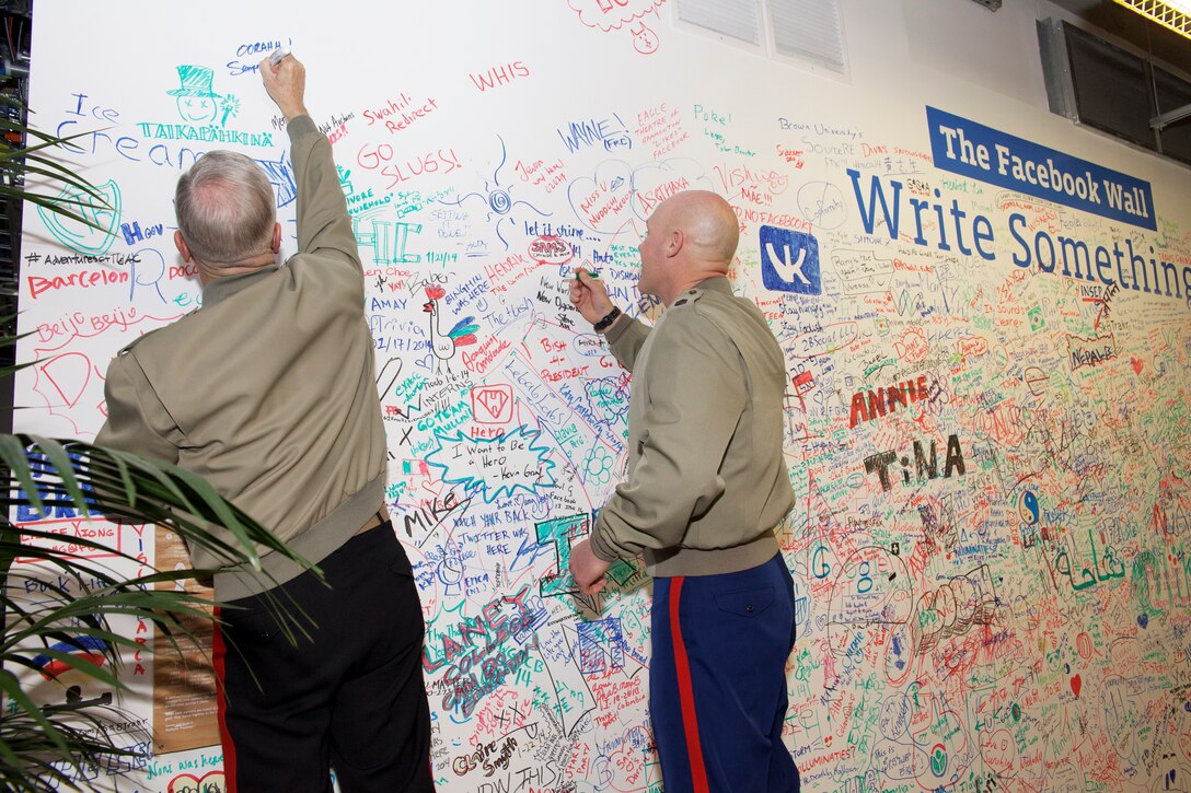 The 35th commandant of the Marine Corps, General James F. Amos, and the 17th Sergeant Major of the Marine Corps, Sgt. Maj. Micheal P. Barrett, meet with employees and tour Facebook in Menlo Park, CA, on March 17, 2014. (U.S. Marine Corps photo by Sgt. Mallory S. VanderSchans)(RELEASED) 