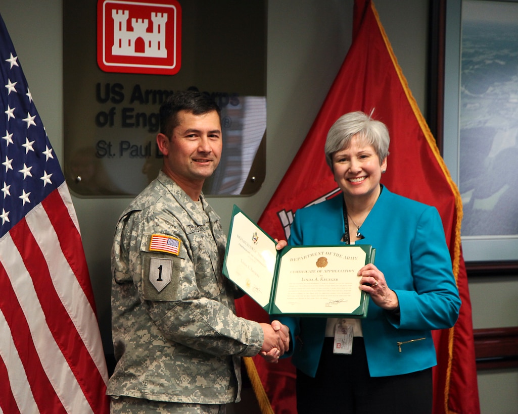 U.S. Army Corps of Engineers, St. Paul District, employee Linda Krueger retired as the distrit's chief of civilian personnel on Feb. 28. She was presented her retirement certificate from Maj. Chris Thompson, deputy district commander.