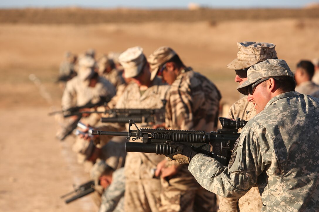 An Army military policeman aims at his target from the 25 yard line during a non-lethal weapons familiarization range in the Tifnit training area of Morocco during Exercise African Lion 14 Mar 30, 2014.  The U.S. Marines, soldiers, airmen and Royal Moroccan warriors spent the day at the remote range becoming more familiar with each other's weapons and tactics.

Exercise African Lion 14 is a multi-lateral and combined-joint exercise between the Kingdom of Morocco and the U.S. that involves approximately 350 U.S. servicemembers, 150 soldiers from the Royal Moroccan Armed Forces, and additional military personnel from European and African partner nations, and is designed to improve each nation's ability to operate collectively while continuing to build mutual understanding of each nation's military tactics, techniques and procedures.