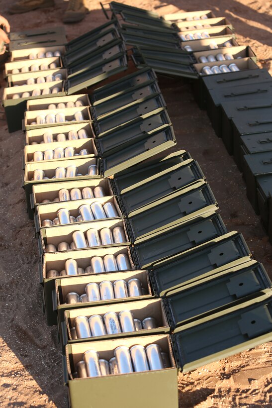 Rounds of 40mm non-lethal cartridges are open and ready to be distributed to U.S. and Royal Moroccan troops during a non-lethal weapons familiarization range in the Tifnit training area of Morocco during Exercise African Lion 14 Mar 30, 2014.

Exercise African Lion 14 is a multi-lateral and combined-joint exercise between the Kingdom of Morocco and the U.S. that involves approximately 350 U.S. servicemembers, 150 soldiers from the Royal Moroccan Armed Forces, and additional military personnel from European and African partner nations, and is designed to improve each nation's ability to operate collectively while continuing to build mutual understanding of each nation's military tactics, techniques and procedures.