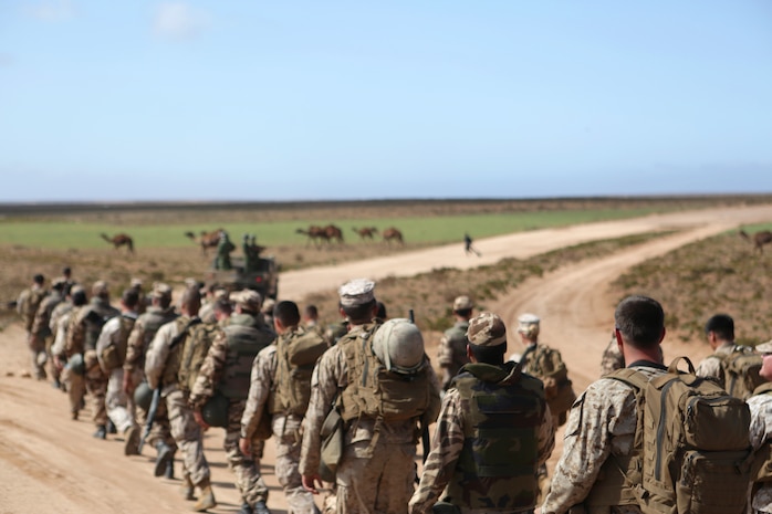A multinational brigade of military policemen comprised Royal Moroccan soldiers, U.S. Marines, soldiers and airmen stage prior to walking to the designated training range for scheduled nonlethal weapons enforcement and escalation-of-force operations during African Lion 14 in Tifnit training area, Morocco March 30. Nonleathal weapons employment and escalation-of-force operations are an integral part of military operations to prevent the loss-of-life while maintaining civil disorder. During the evolution, Royal Moroccan Armed Forces soldiers, and U.S. military policemen from the Marines, Army and Air Force combined to refine a share their escalation-of-force tactics and procedures while building military partnerships and international friendships. 
