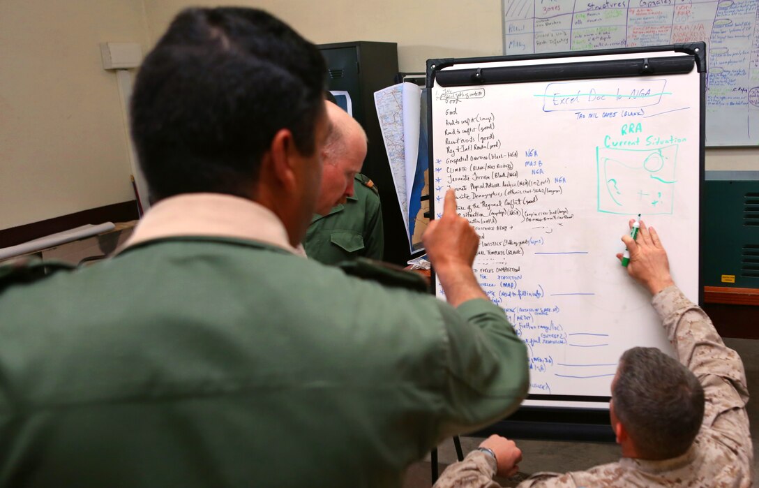 A Moroccan soldier colloborates with Marine Major Paul F. Bishoff, intelligence officer in charge from 2nd Marine Expeditionary Brigade out of Camp Lejeune, NC during an intelligence capacity building workshop as a part of Exercise African Lion 2014.  Royal Moroccan intelligence personnel teamed up with U.S. Marines and German forces for a week to build understanding of the processes each use to gather information essential to a commander to make informed decisions on the battelfield.

Exercise African Lion 14 is a multi-lateral and combined-joint exercise between the Kingdom of Morocco and the U.S. that involves approximately 350 U.S. servicemembers, 150 soldiers from the Royal Moroccan Armed Forces, and additional military personnel from European and African partner nations, and is designed to improve each nation's ability to operate collectively while continuing to build mutual understanding of each nation's military tactics, techniques and procedures.