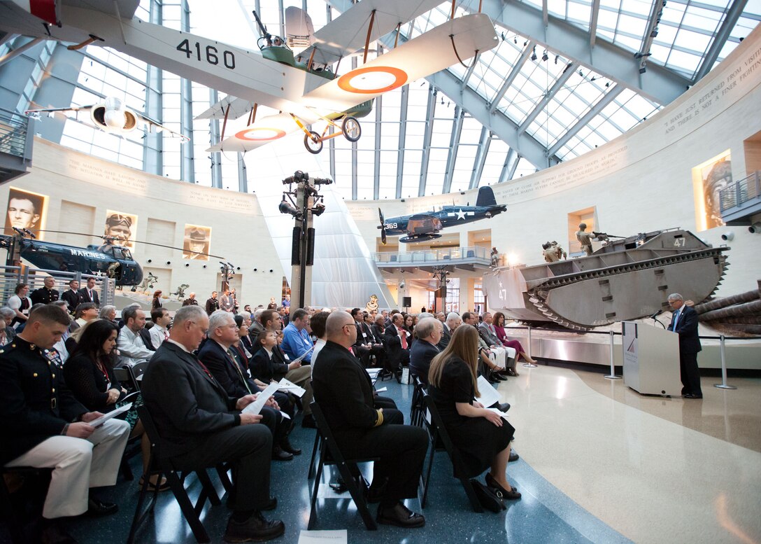 Ret. Lt. Gen. Robert Blackman, Jr., speaks during the Tribute to Major Richard J. Gannon II at the National Museum of the Marine Corps in Triangle, VA, March 30, 2014. (U.S. Marine Corps photo by Cpl. Tia Dufour/Released)