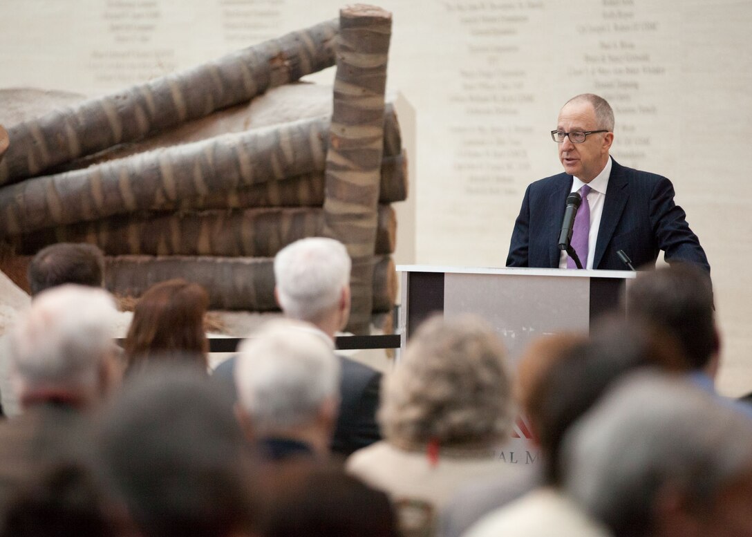 The President of Cornell University, David J. Skorton, speaks during the Tribute to Major Richard J. Gannon II at the National Museum of the Marine Corps in Triangle, VA, March 30, 2014. (U.S. Marine Corps photo by Cpl. Tia Dufour/Released)
