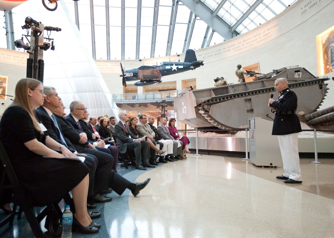 The Assistant Commandant of the Marine Corps, Gen. John M. Paxton, Jr., speaks during the Tribute to Major Richard J. Gannon II at the National Museum of the Marine Corps in Triangle, VA, March 30, 2014. (U.S. Marine Corps photo by Cpl. Tia Dufour/Released)