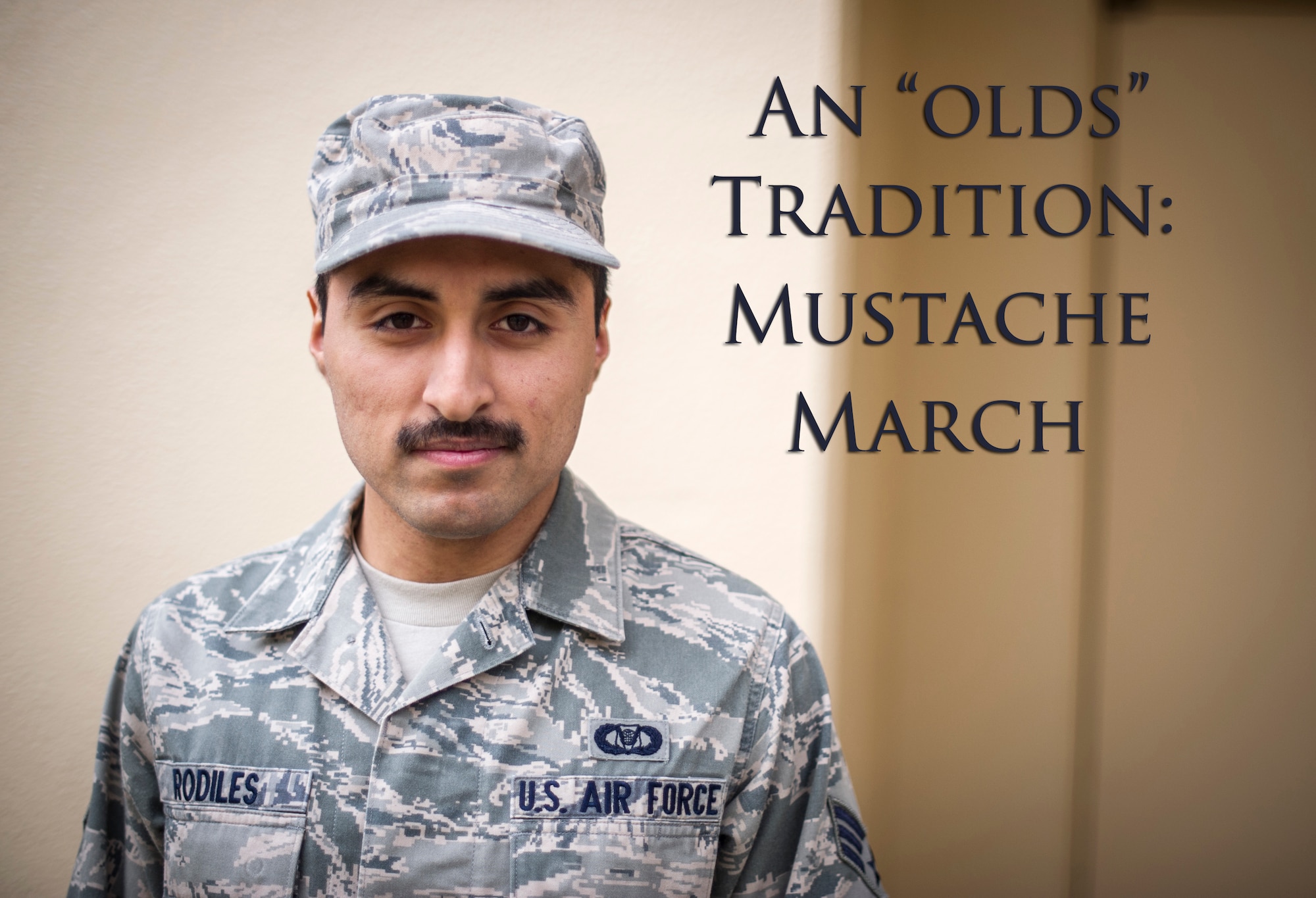 Staff Sgt. Martin Rodiles, 374th Comptroller Squadron, participates in mustache March at Yokota Air Base, Japan, March 28, 2014. Mustache March is annual event occurring in the month of March, where men in the United States Air Force grow mustaches to honor Air Force legend General Robin Olds. (U.S. Air Force photo by Staff Sgt. Stacy Moless)