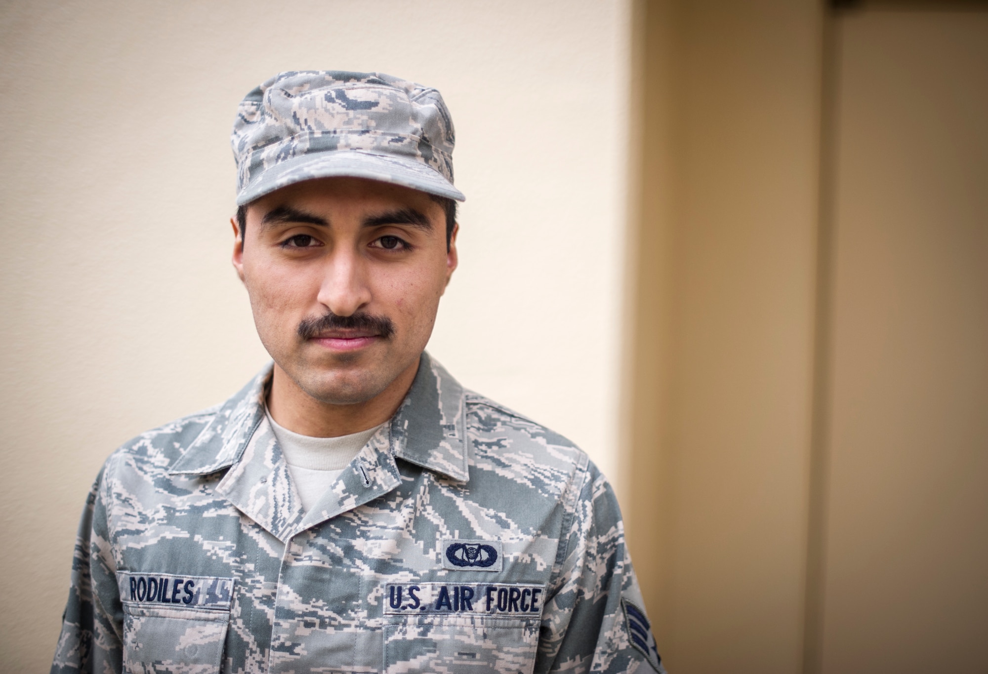 Staff Sgt. Martin Rodiles, 374th Comptroller Squadron, participates in mustache March at Yokota Air Base, Japan, March 28, 2014. Mustache March is annual event occurring in the month of March, where men in the United States Air Force grow mustaches to honor Air Force legend General Robin Olds. (U.S. Air Force photo by Staff Sgt. Stacy Moless)
