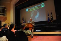 Retired Lt. Col. Rocco De Felice, 560th Flying Training Squadron director of operations from 1973 to 1976, speaks to an audience during the 41st Freedom Flyer event March 28 in the Fleenor Auditorium at Joint Base San Antonio-Randolph. For the past 41 years, the 560th Flying Training Squadron has hosted the Freedom Flyer Reunion for members of the 4th Allied POW Wing. (U.S. Air Force photo by Melissa Peterson)