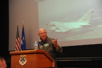 Retired Lt. Col. John Yuill, Prisoner of War from December 1972 to March 1973, speaks to an audience during the 41st Freedom Flyer event March 28 in the Fleenor Auditorium at Joint Base San Antonio-Randolph. In the years following the Vietnam War, the 560th Flying Training Squadron hosted the pilot requalification program for the members of the 4th Allied POW Wing who were to return to flying. Since the first flight, May 21, 1973, 195 former POWs have been flown. (U.S. Air Force photo by Melissa Peterson)