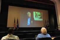 Retired Col. Edward Hubbard, Prisoner of War from July 1966 to March 1973, speaks to an audience during the 41st Freedom Flyer event March 28 at the Joint Base San Antonio-Randolph Fleenor Auditorium. For the past 41 years, the 560th Flying Training Squadron has hosted the Freedom Flyer Reunion for members of the 4th Allied POW Wing. (U.S. Air Force photo by Melissa Peterson)