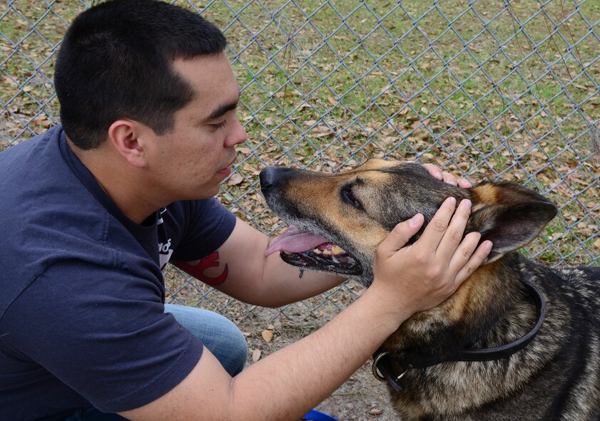 U.S. Air Force Staff Sgt. Devin Tiger, 23d Security Forces Squadron Military Working Dog handler, pets retired MWD Hal, at a dog run at Moody Air Force Base, Ga., March 28, 2014. Tiger adopted Hal after he was retired from service due to Lumbosacral (LS) disease, the fusing of the tailbone and spine. (U.S. Air Force photo by Senior Airman Tiffany M. Grigg/Released)  