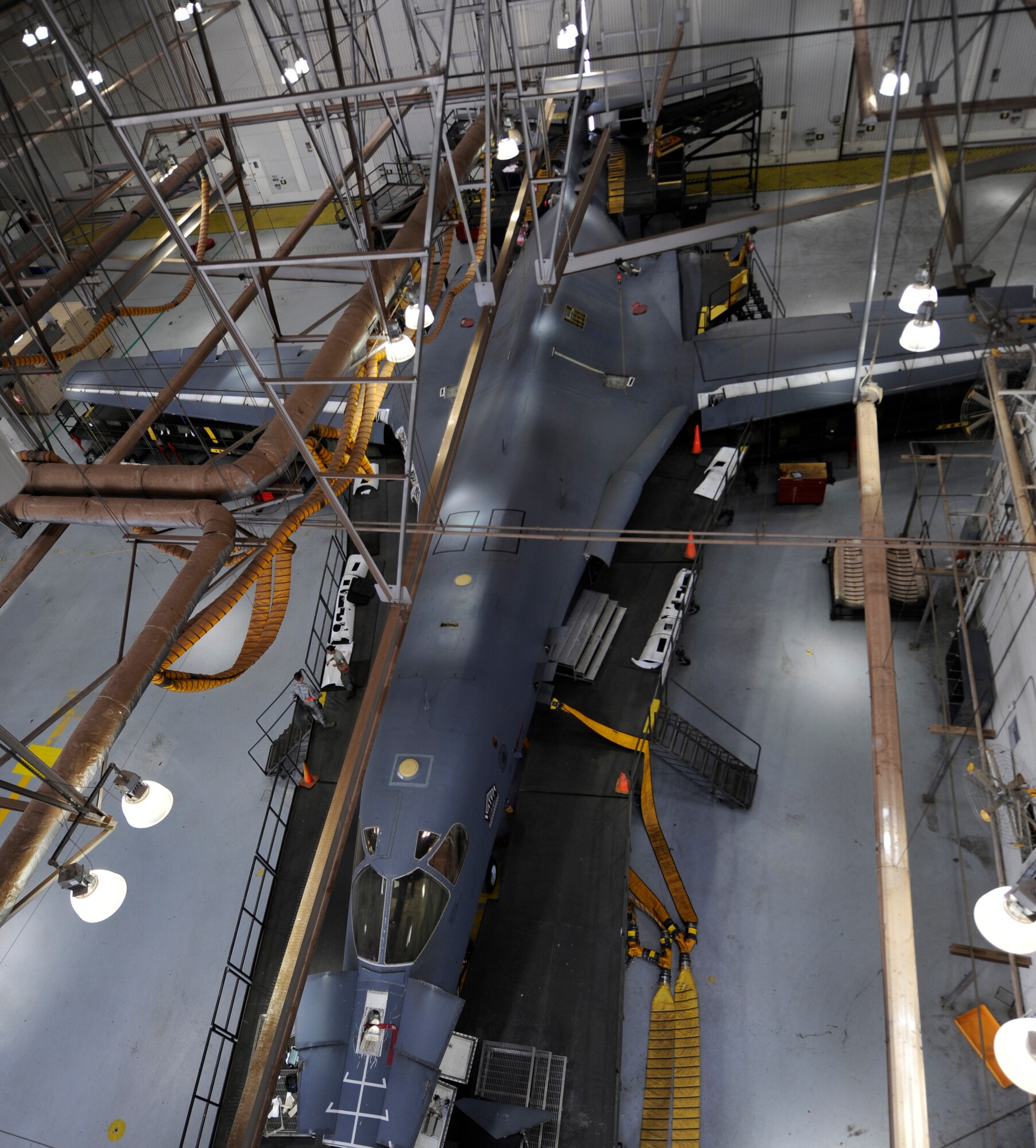 A B-1B undergoes a major isochronal inspection March 27, 2014, at Dyess Air Force Base, Texas. The B-1B is inspected twice during an 1800 day period.  A minor inspection is performed during the first 900 days and a major inspection is performed at the 1800 day mark to check for damage and structural weaknesses. (U.S. Air Force photo by Airman 1st Class Alexander Guerrero/Released)