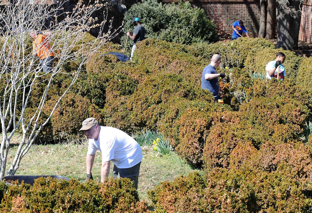 Joint Task Force-Civil Support enlisted personnel complete yard work during an enlisted Service member volunteer event at the Nelson House in Yorktown, Va., March 21, 2014. Eleven enlisted JTF-CS personnel and one civilian volunteered to clean the grounds of the Nelson House by raking and disposing of leaves, laying new mulch, disposing of ground debris and grooming the overall property. (Department of Defense photo by U.S. Air Force Tech. Sgt. Gwendolyn Blakley/Released)