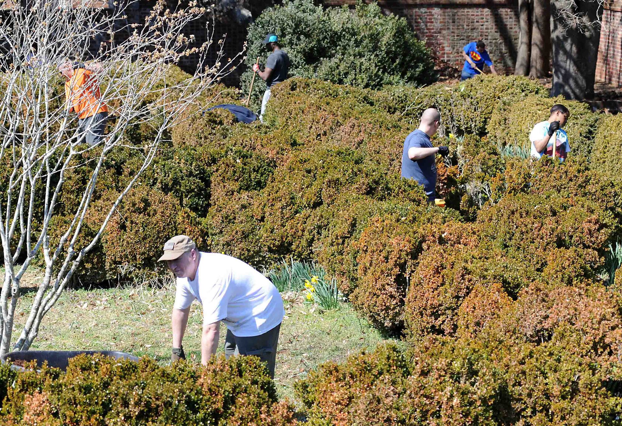 Joint Task Force-Civil Support enlisted personnel complete yard work during an enlisted Service member volunteer event at the Nelson House in Yorktown, Va., March 21, 2014. Eleven enlisted JTF-CS personnel and one civilian volunteered to clean the grounds of the Nelson House by raking and disposing of leaves, laying new mulch, disposing of ground debris and grooming the overall property. (Department of Defense photo by U.S. Air Force Tech. Sgt. Gwendolyn Blakley/Released)