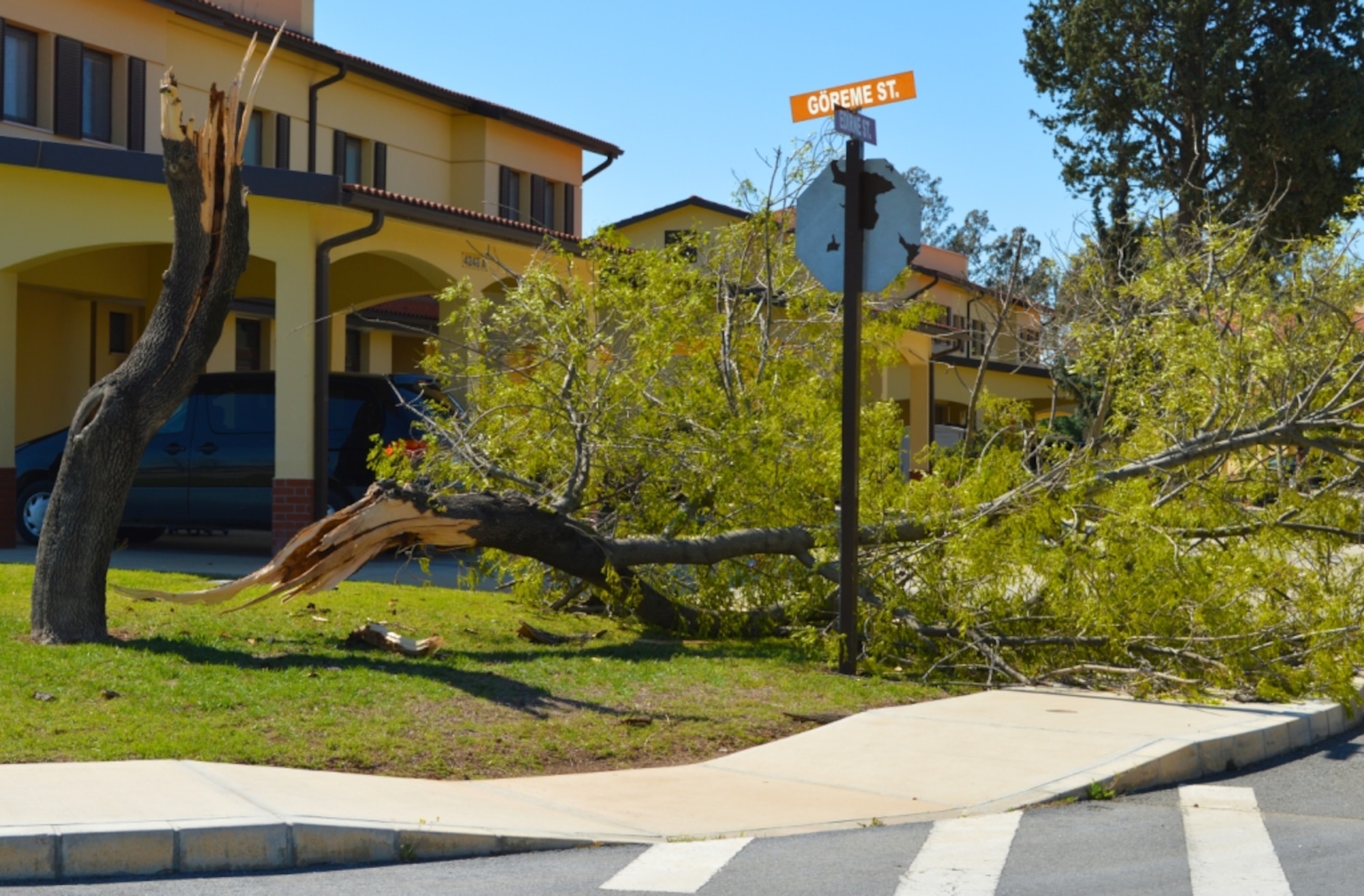 A tree partially blocks the driveway of a base housing resident after it was blown over March 30, 2014, Incirlik Air Base, Turkey. Mutiple trees were uprooted and branches were broken by heavy winds that gusted up to nearly 60 mph as they blew across regions of Turkey as a cold front moved in Saturday night and Sunday morning. (U.S. Air Force photo by 1st Lt. David Liapis/Released)