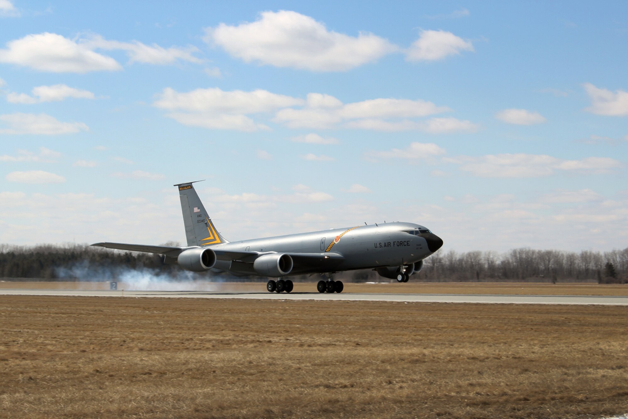140326-Z-VA676-037 - A KC-135 Stratotanker lands at Selfridge Air National Guard Base, Mich., March 26, 2014. Primarily used as an air-to-air refueling platform, the KC-135 at Selfridge is operated and maintained by Airmen from the Michigan Air National Guard’s 127th Air Refueling Group, 171st Air Refueling Squadron, 191st Maintenance Squadron and related organizations. (U.S. Air National Guard photo by TSgt. Dan Heaton / Released)