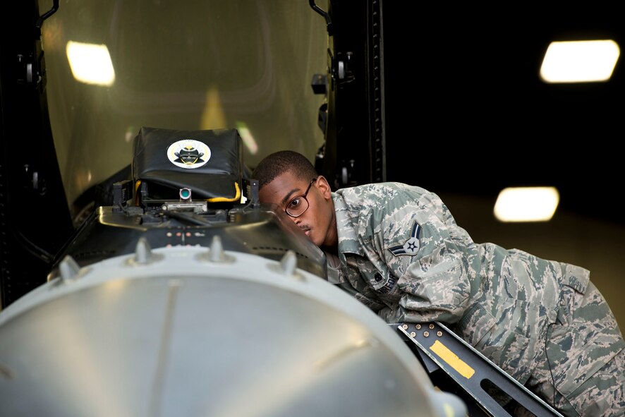 U.S. Air Force Airman 1st Class Paul Taylor, 35th Maintenance Squadron fuels systems repair journeyman, conducts function checks on an F-16 Fighting Falcon at Misawa Air Base, Japan, March 28, 2014.  Taylor hails from New Orleans, La., and will be PCSing to Osan Air Base, Republic of Korea, in December.  
(U.S.  Air Force photo/Tech. Sgt. Araceli Alarcon)