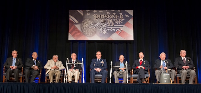 Air Force Chief of Staff Gen. Mark A. Welsh III (center) presented  nine Prisoner of War Medasl to Army Air Corps veterans and family members during a ceremony April 30, 2014, at the Pentagon, Washington, D.C. From the left are Tech. Sgt. Alva H. Moss, Sgt. William G. Blackburn, 1st Lt. Paul J. Gambaiana, retired Lt. Col. James I. Misuraca, retired Maj. James V. Moran, 1st Lt. James F. Mahon, Staff Sgt. John G. Fox, Sgt. George E. Thursby. The son and grandson of Staff Sgt. Thomas J. Sinitsky, who died recently, accepted the award on his behalf. (U.S. Air Force photo/Jim Varhegyi)